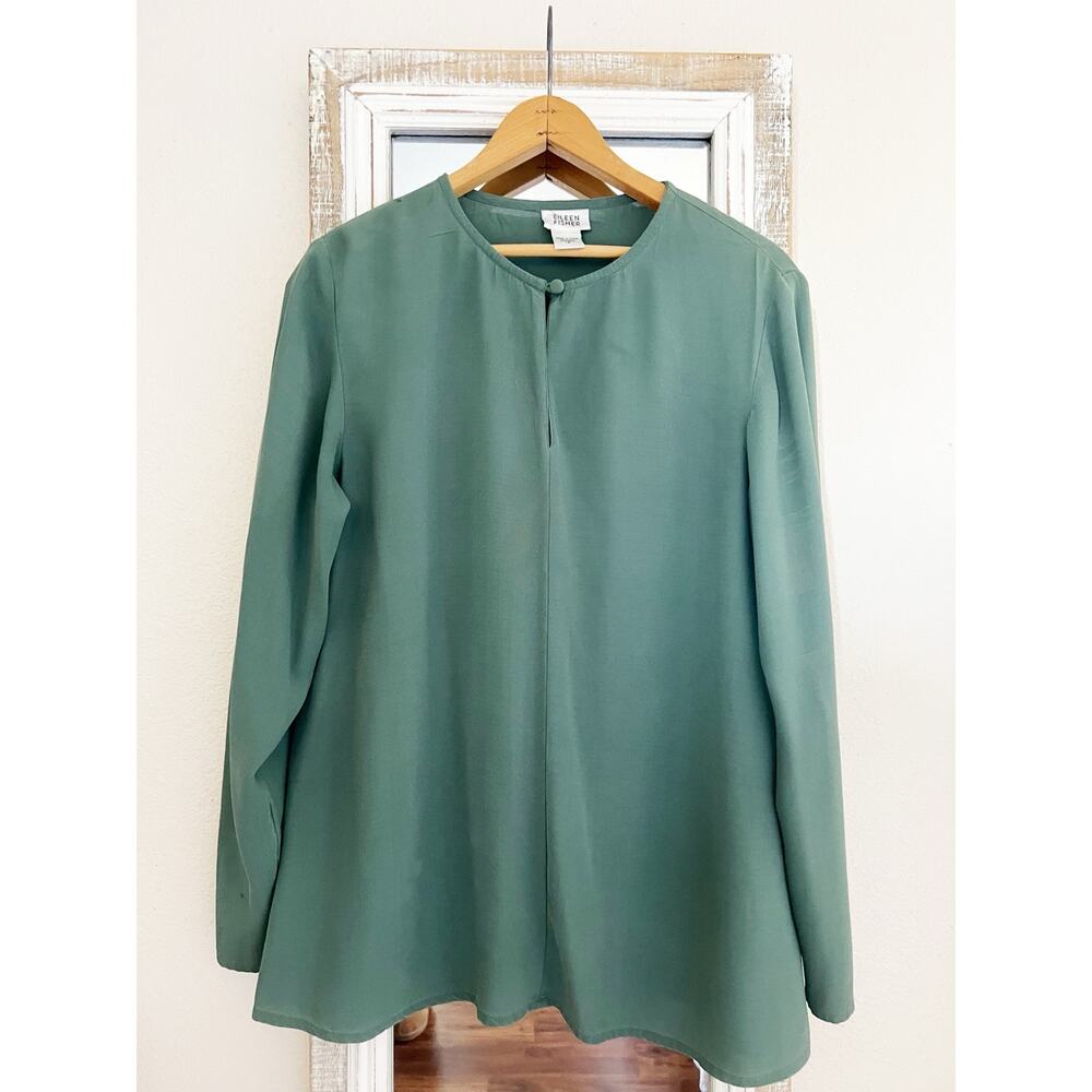 Eileen Fisher 100% Silk Crew Neck Blouse Green Small